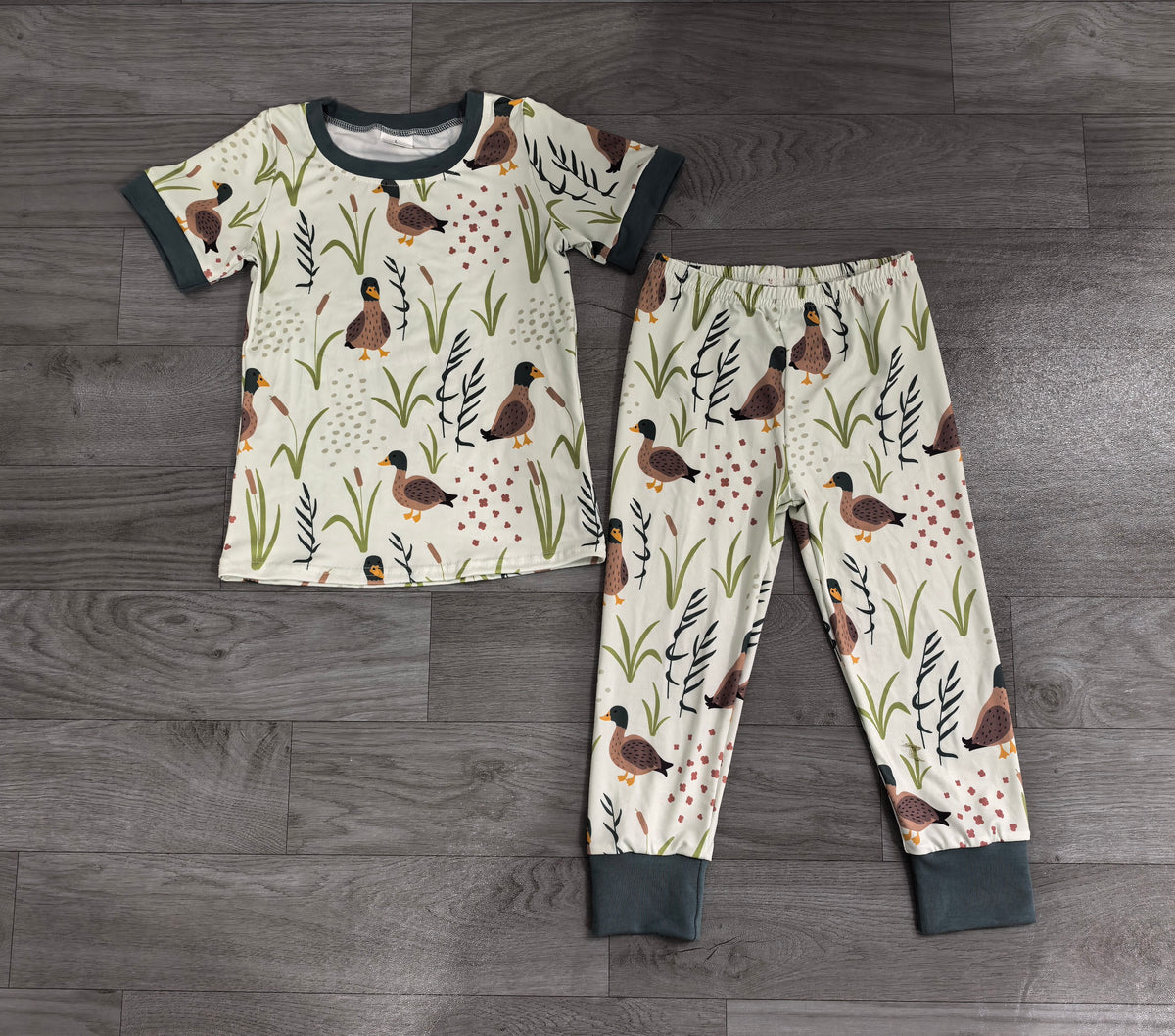 Sample-Real Pics BSPO0519 Baby Boy Clothes Mallard Duck Reed Grass Mixed Print Short Sleeve Top Long Pant Set