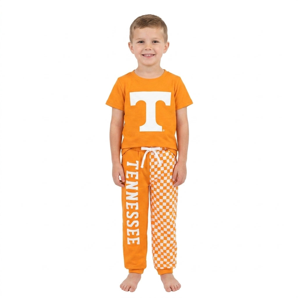 NO MOQ RTS BSPO0695-vinyl-bundle Baby Boy Clothes Tennessee Letter Orange Checker Print Short Sleeve Top Pant Set