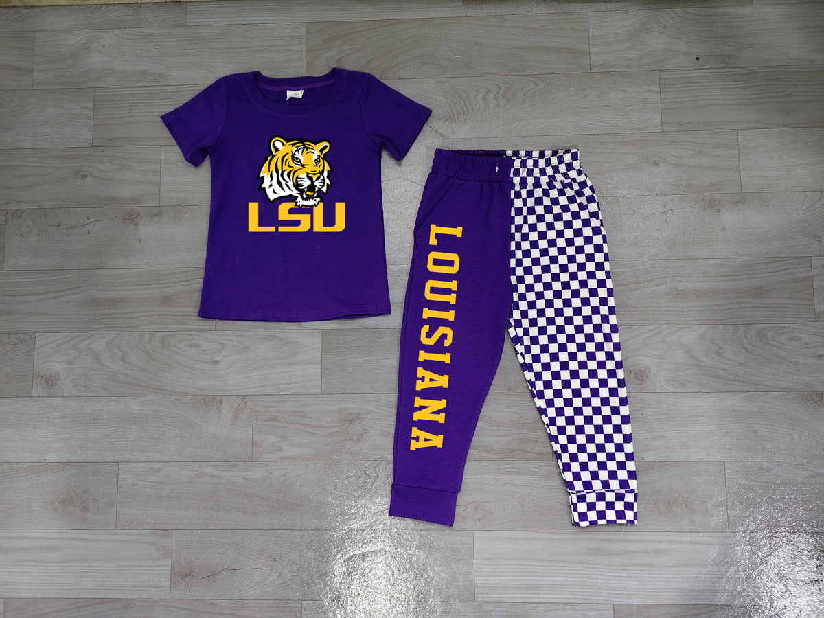Sample-Real Pics BSPO0698 Baby Boy Clothes Tiger Mascot Graphic Print Short Sleeve Tee Checker Jogger Pant Set