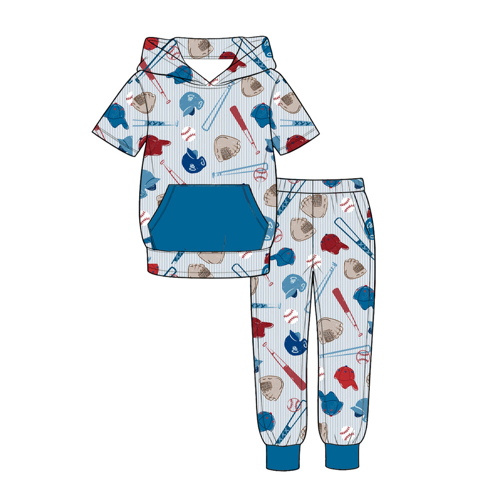 Preorder (moq 5) BSPO0733 Baby Boy Clothes Baseball Glove Bat Cap Striped Mixed Print Short Sleeve Hoodie Jogger Pants Outfit Set