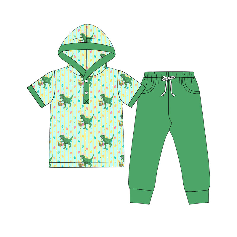 Preorder (moq 5) BSPO0734 Baby Boy Clothes Easter Dinosaur Egg Mixed Print Short Sleeve Hooded Pant Set