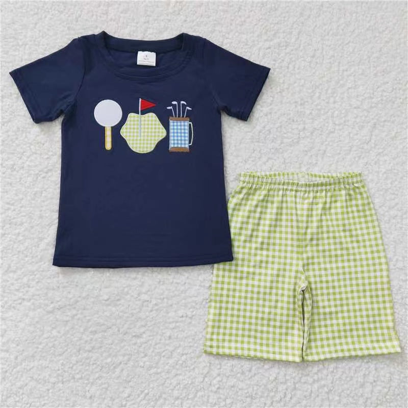RTS BSSO0135 Embroidery Baseball short sleeve golf ball embroidery summer shorts boy outfit 20230425