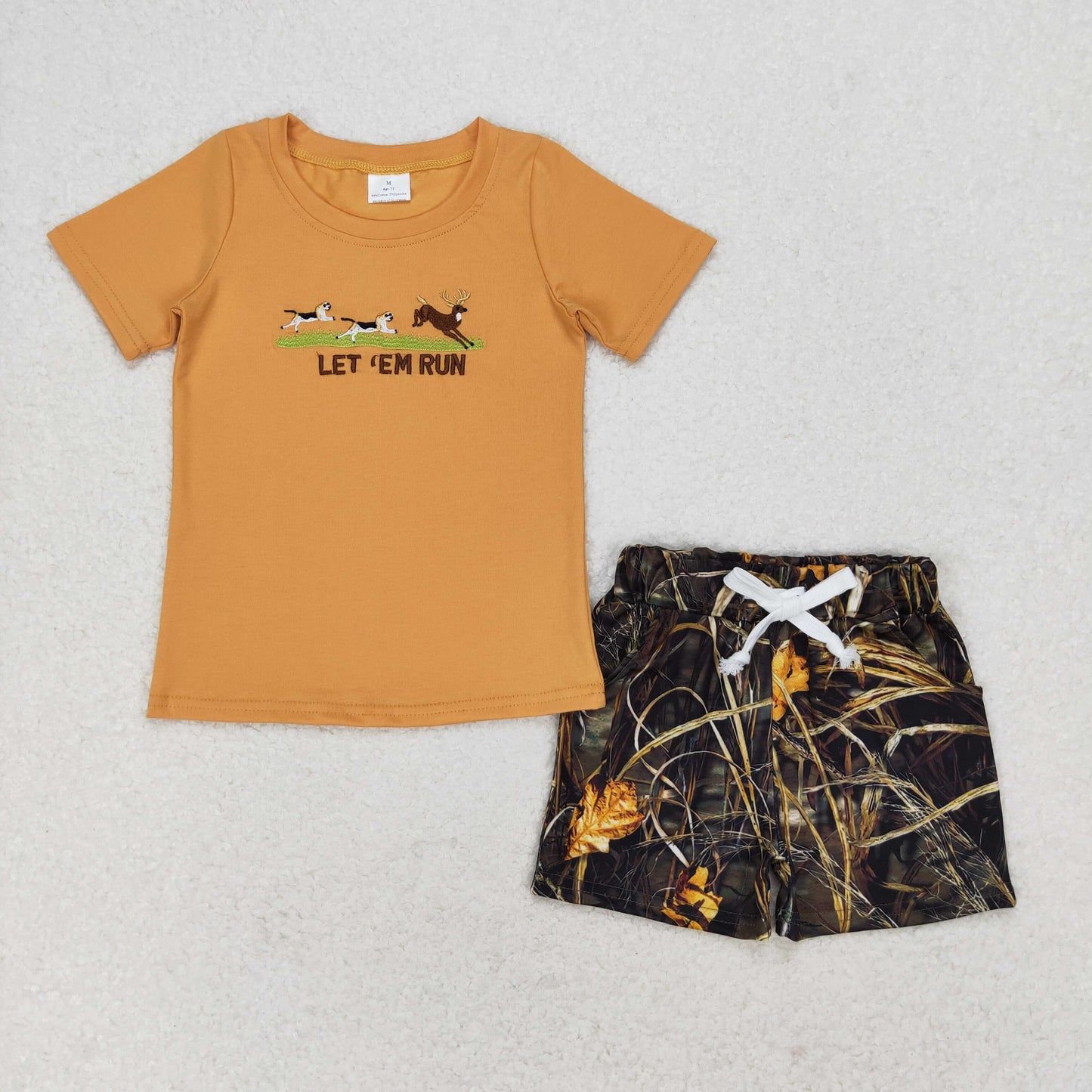 BSSO0924 组合 Embroidry western deer hunt dog camo short sleeve boy shorts outfit 202405 RTS sibling
