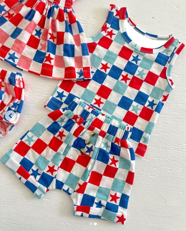 BSSO0949 july 4th checkerboard star shorts boy summer outfit 202404 preorder