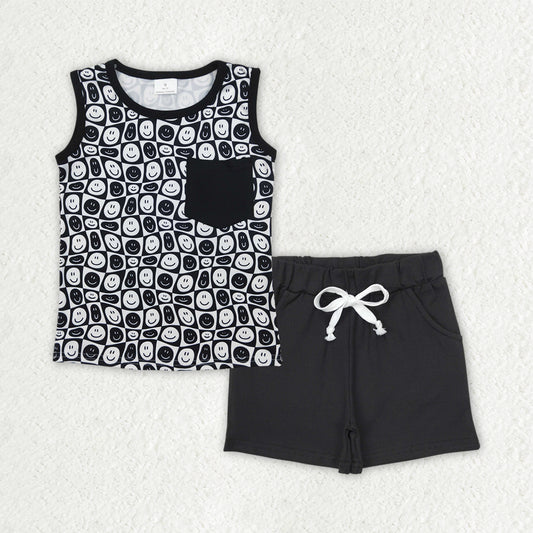 BSSO1483组合 checkerboard smile face westen  boy summer outfit 202504 RTS