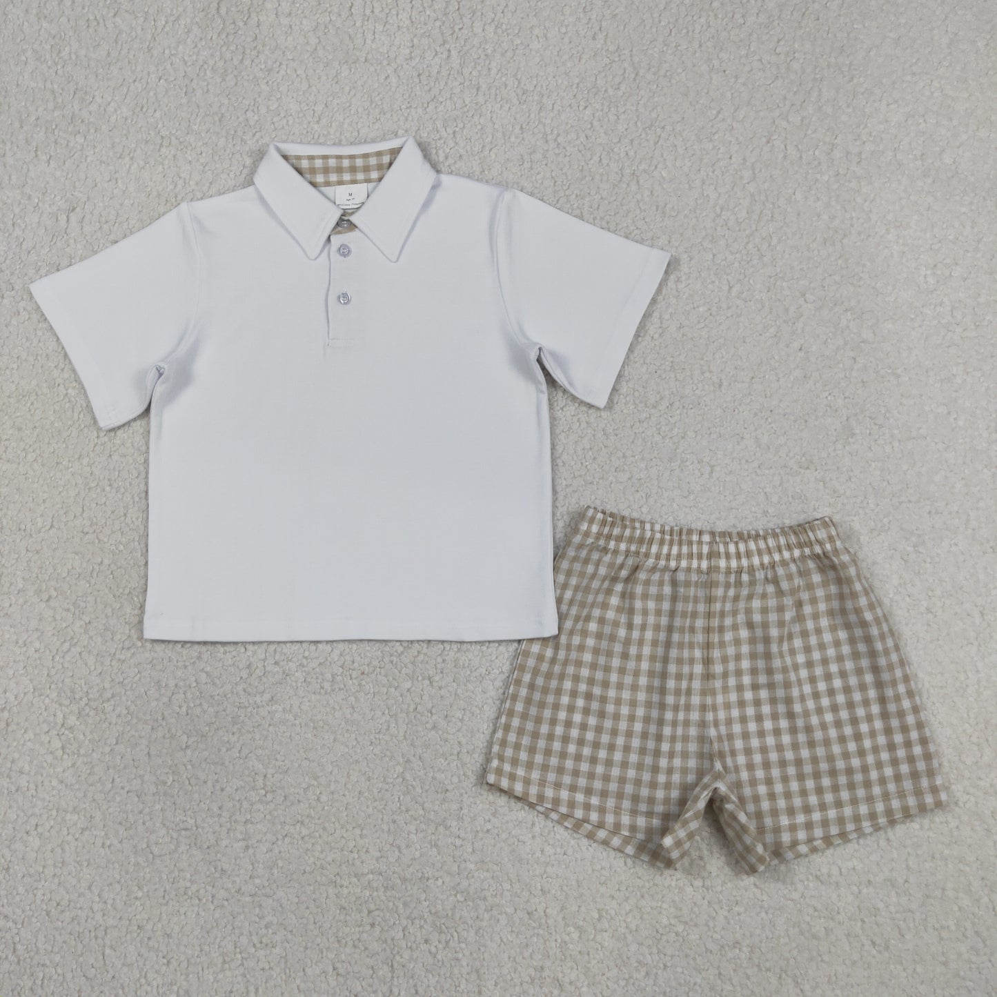 BSSO2032 white brown plaid polo shirt boy summer set outfit 202607 RTS free shipping
