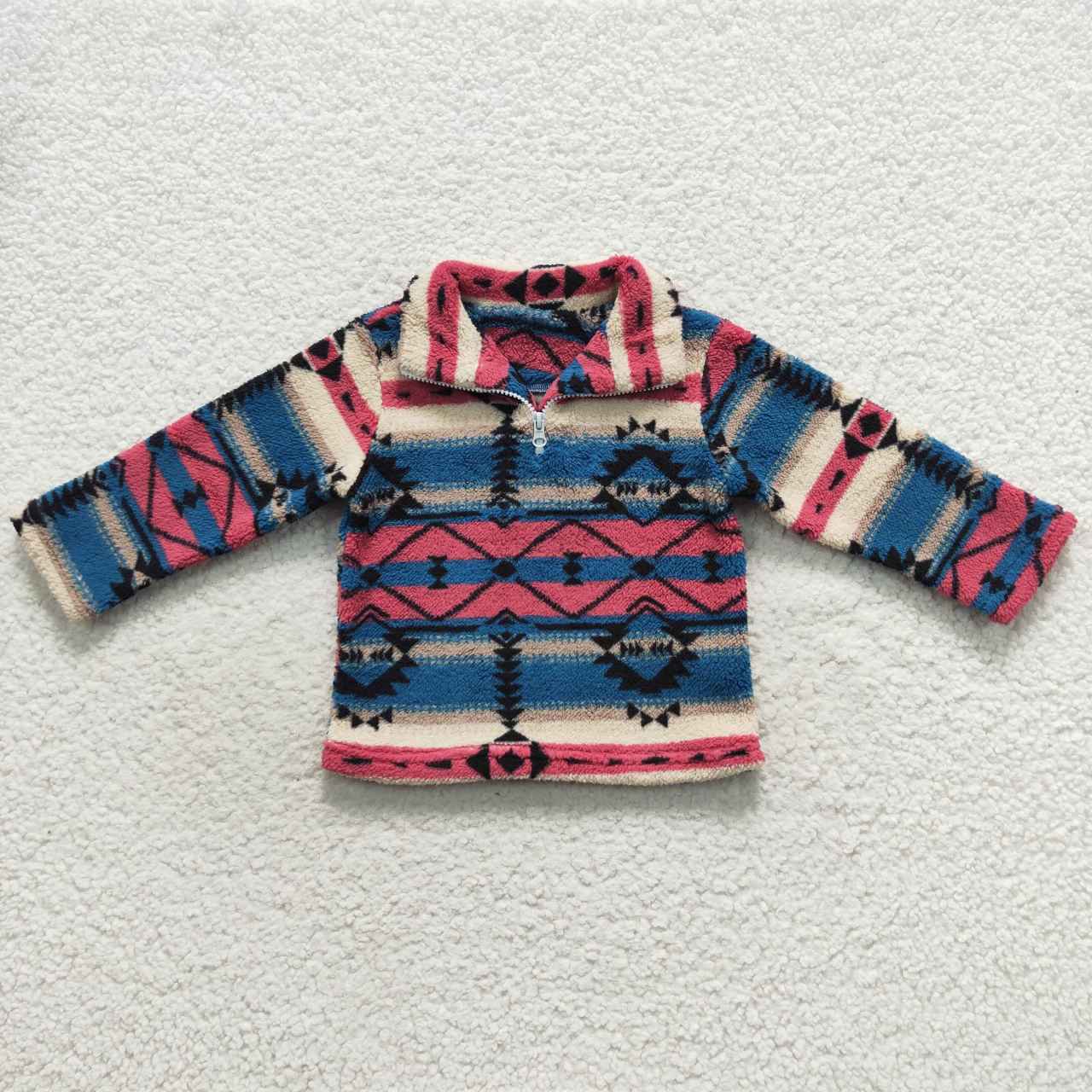 BT0353 Zipper plush style stand-up collar blue geometric soft comfortable winter coat 20230901