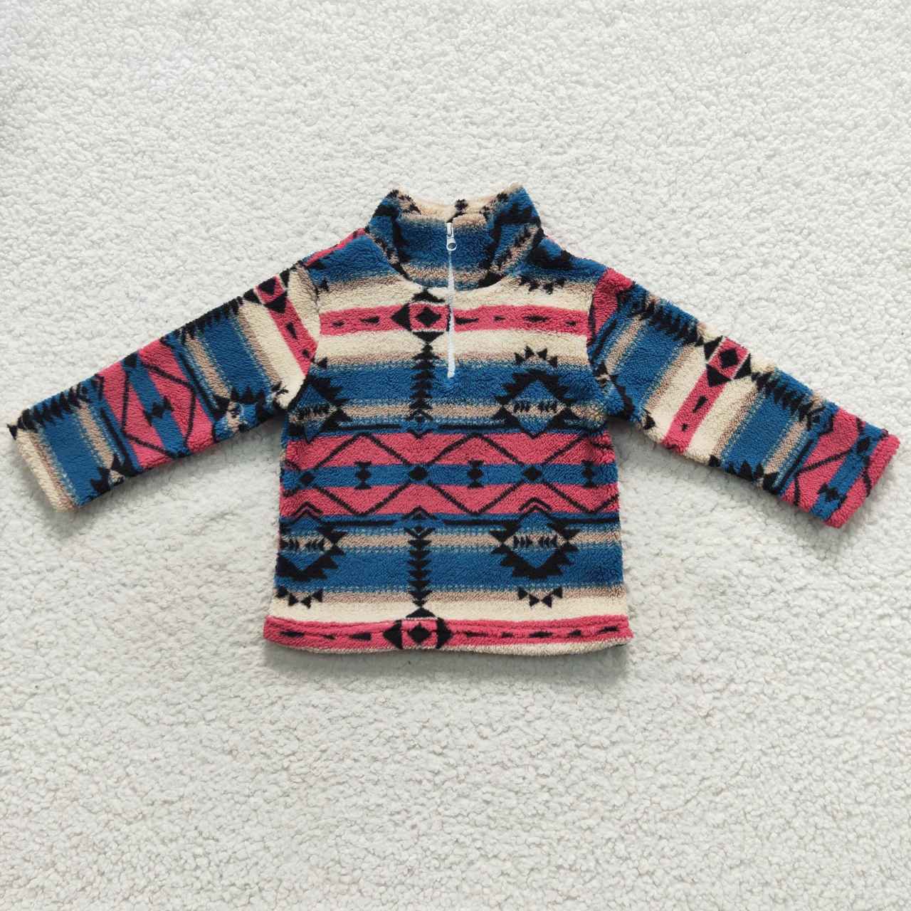 BT0353 Zipper plush style stand-up collar blue geometric soft comfortable winter coat 20230901