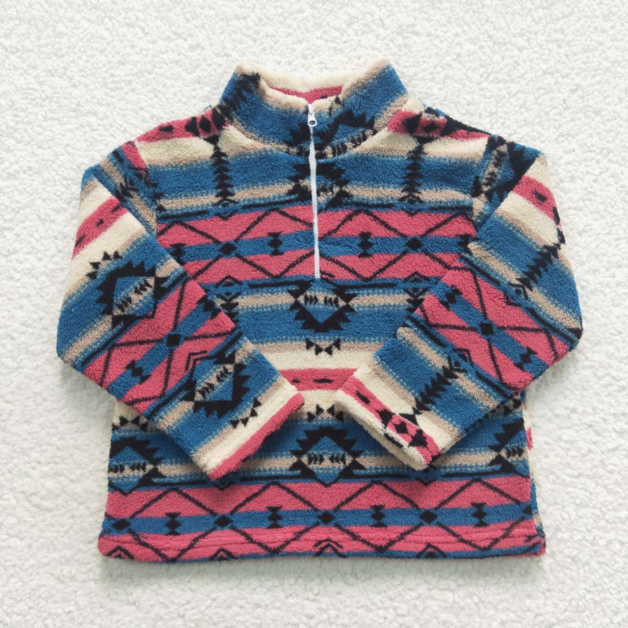BT0353 Zipper plush style stand-up collar blue geometric soft comfortable winter coat 20230901