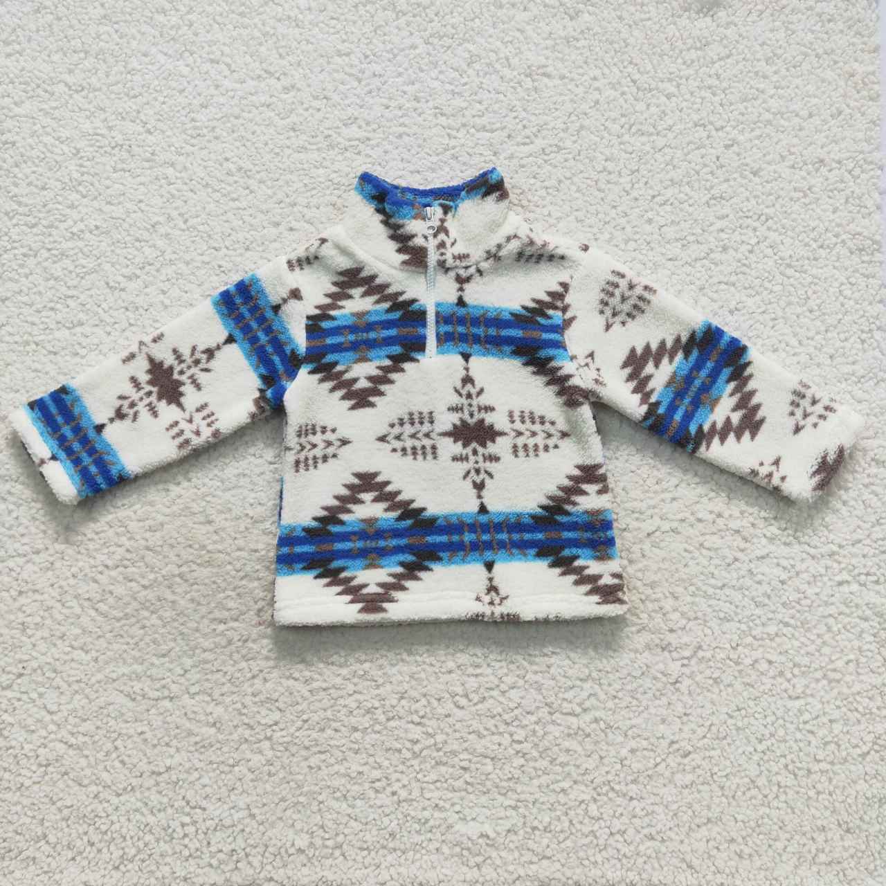 BT0354 Zipper plush style stand-up collar blue geometric soft comfortable winter coat 20230830