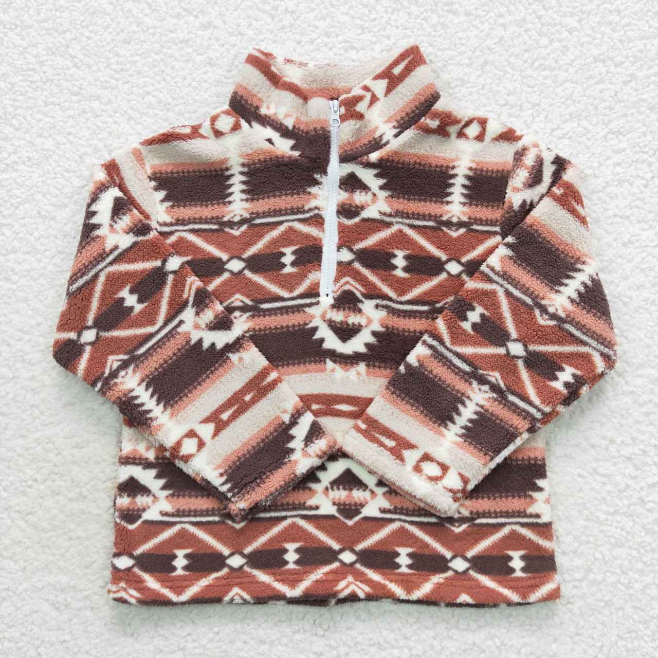 BT0369 Zipper plush style stand-up collar brown geometric soft comfortable winter coat 20230907