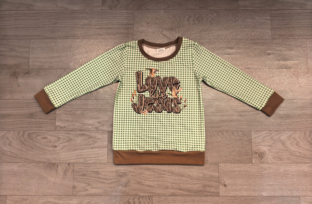 Sample-Real Pics BT1320 Baby Boy Clothes Green Gingham Letter Duck Graphic Print Long Sleeve Tee Shirt