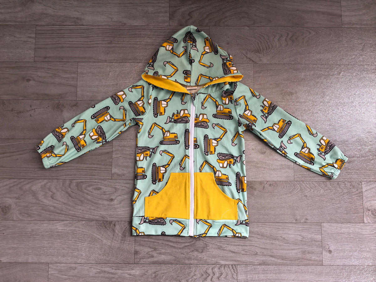 Sample-Real Pics BT1378 Baby Boy Clothes Excavator Truck Mixed Print Long Sleeve Zip Up Hoodie