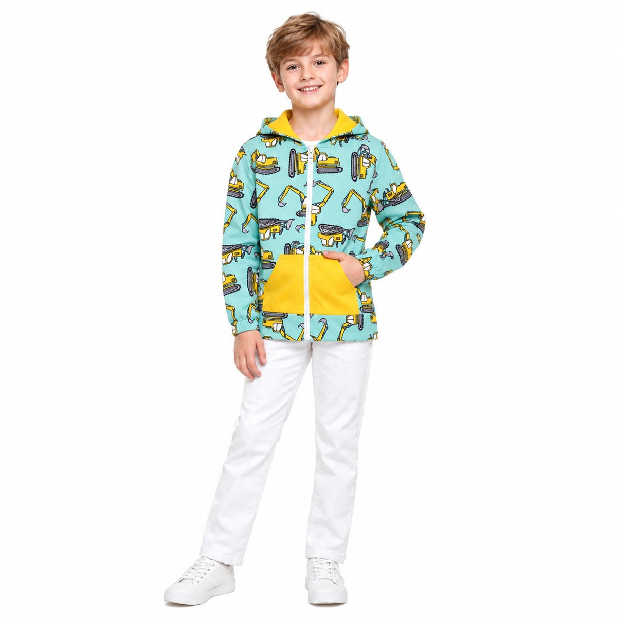 NO MOQ RTS BT1378 Baby Boy Clothes Construction Truck Allover Print Long Sleeve Hooded Zip Rash Guard 202610