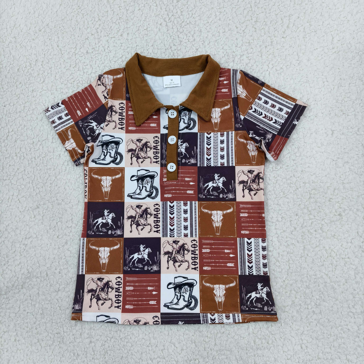 NO MOQ RTS BT1670 Baby Boy Clothes Vintage Cowboy Patchwork Print Short Sleeve Polo Shirt 202610