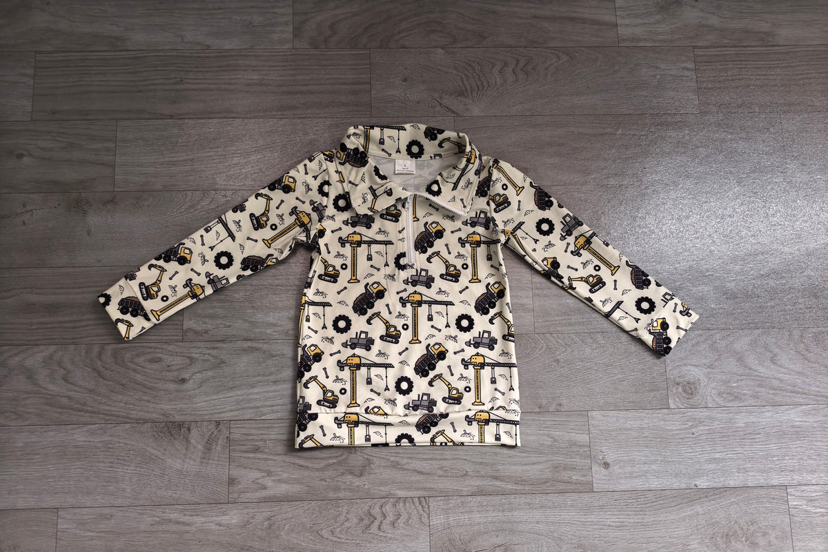 Sample-Real Pics BT1835 Baby Boy Clothes Construction Vehicle Mixed Print Long Sleeve Half Zip Top 2. Sample-Real Pics Baby Girl