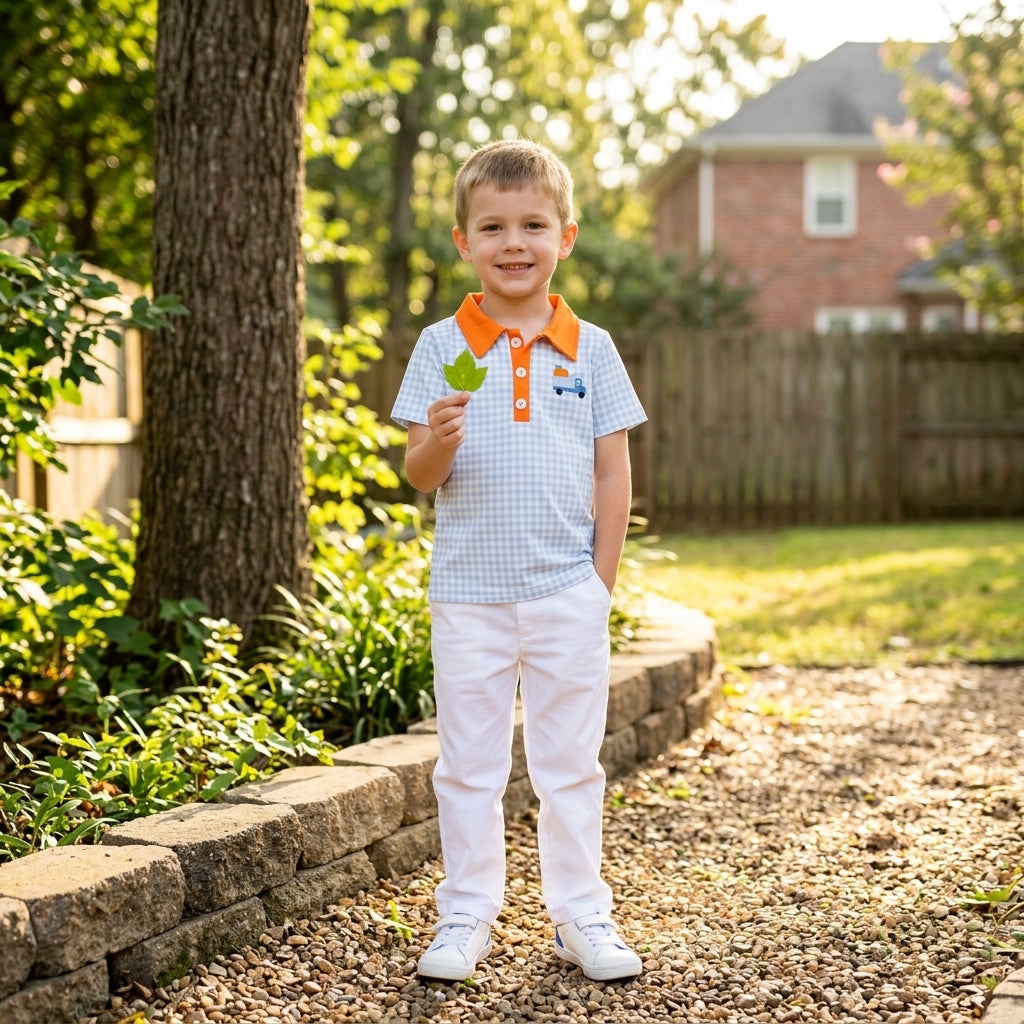 NO MOQ RTS BT1890-embroidery Baby Boy Clothes Blue Gingham Pumpkin Truck Embroidery Short Sleeve Polo Shirt 202609