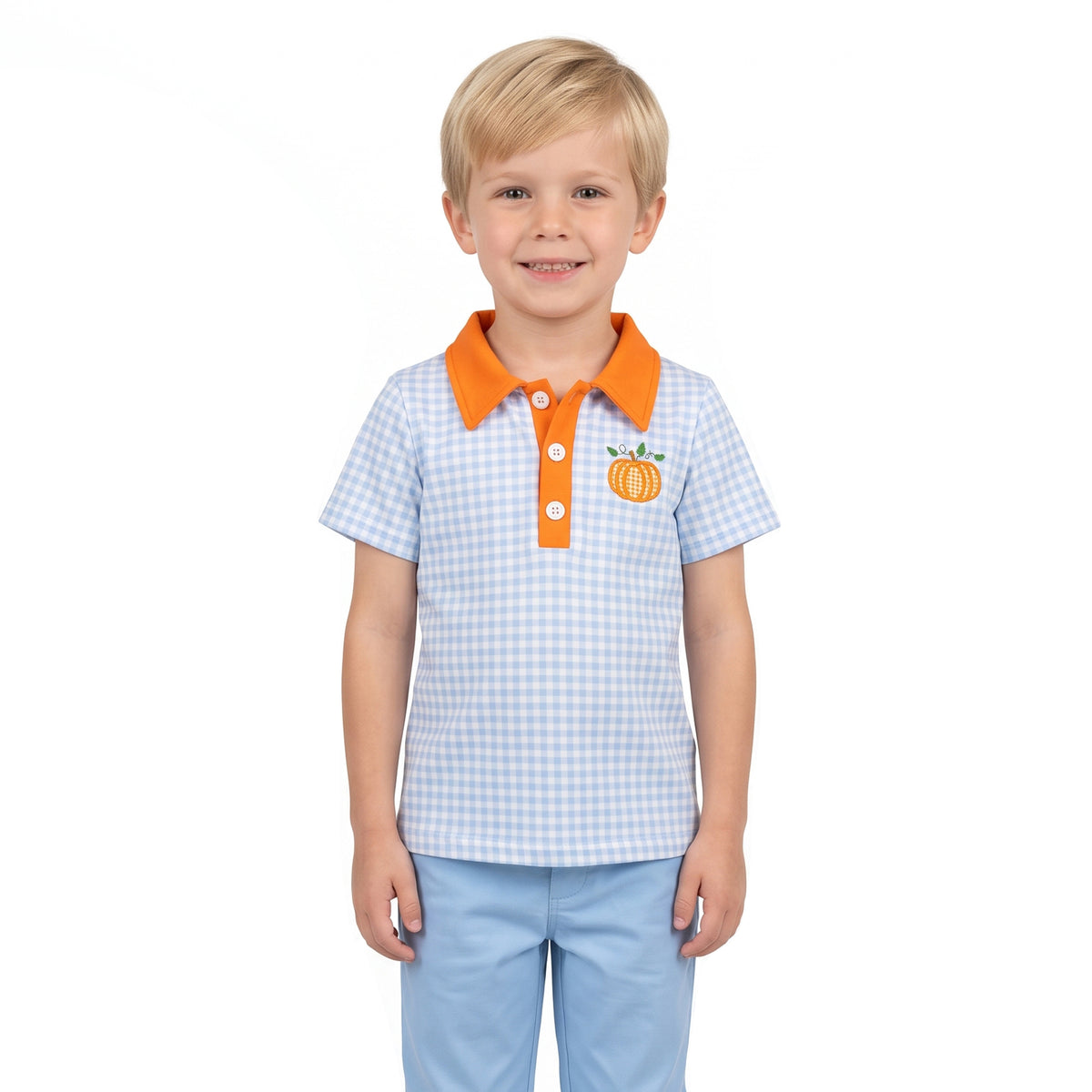 NO MOQ RTS BT1891(1)-embroidery Baby Boy Clothes Light Blue Gingham Pumpkin Embroidery Short Sleeve Polo Shirt 202609