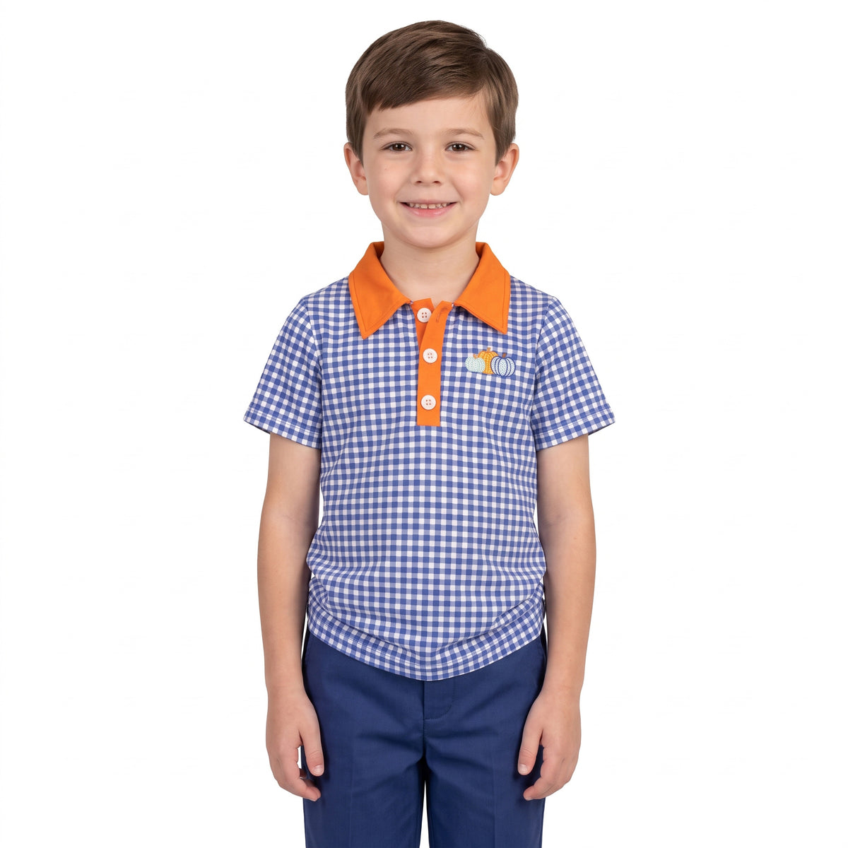 NO MOQ RTS BT1892(1)-embroidery Baby Boy Clothes Blue Gingham Triple Pumpkin Embroidery Short Sleeve Polo Shirt 202609