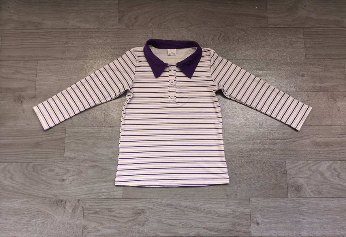 Sample-Real Pics BT1911 Baby Boy Clothes Purple White Striped Print Long Sleeve Collar Polo Shirt