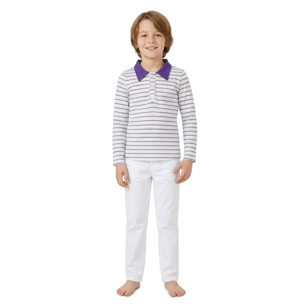 NO MOQ RTS BT1911 Baby Boy Clothes Purple Collar Striped Print Long Sleeve Polo Shirt Top 202610