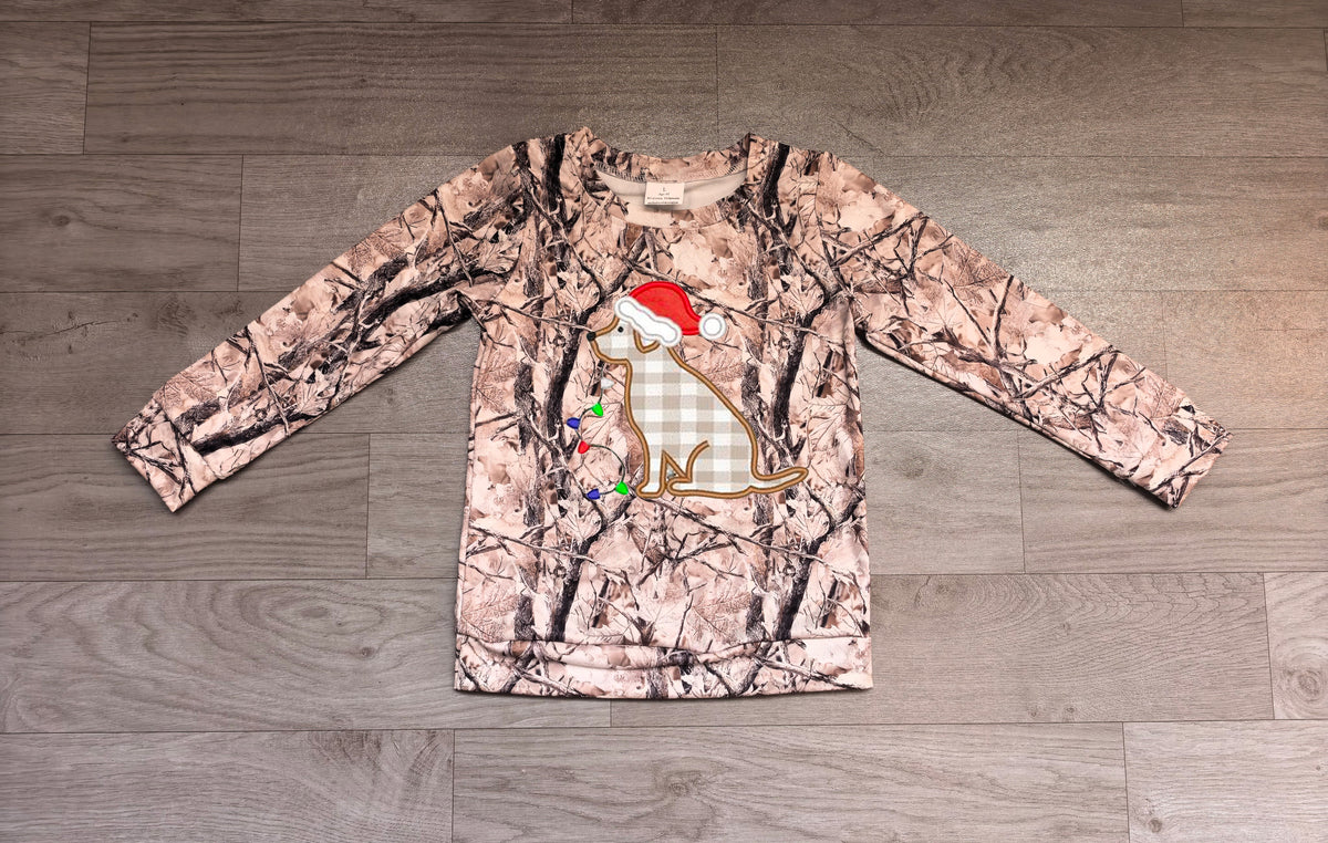 Sample-Real Pics BT1913 Baby Boy Clothes Christmas Dog Applique Tree Camo Print Long Sleeve Round Neck Top