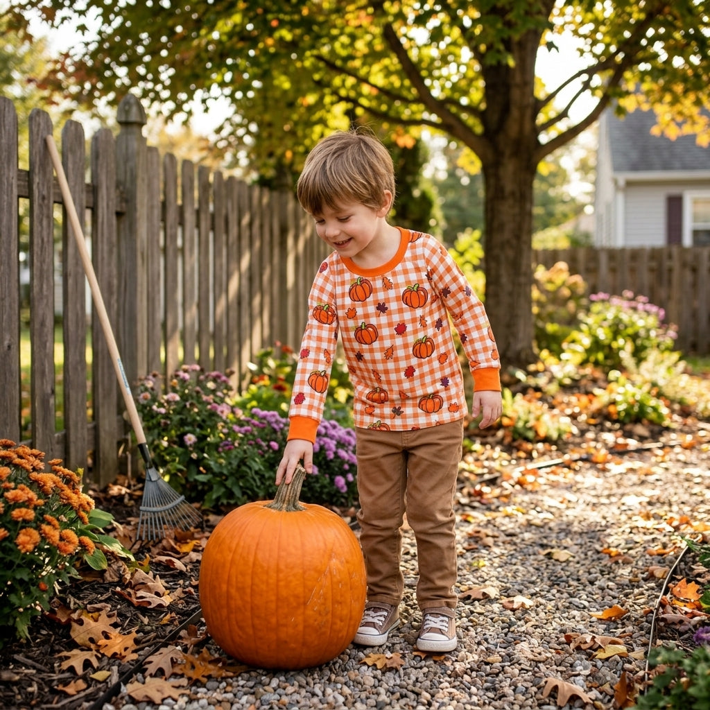 NO MOQ RTS BT1929 Baby Boy Clothes Orange Gingham Pumpkin Leaf Print Long Sleeve Top 202609