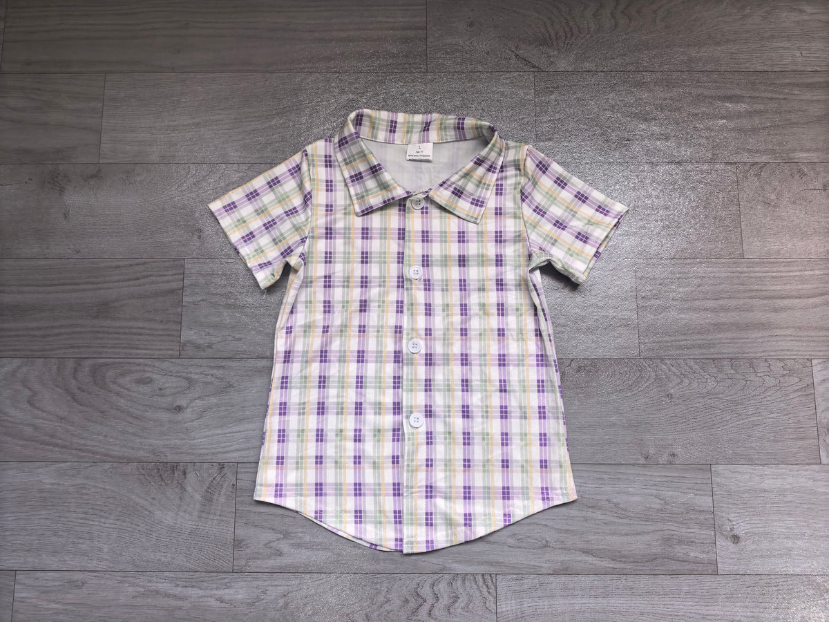 Sample-Real Pics BT1957 Baby Boy Clothes Purple Green Plaid Print Short Sleeve Button Down Shirt