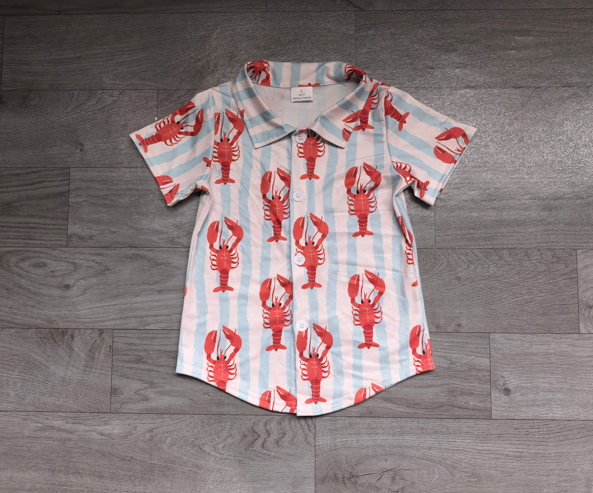 Sample-Real Pics BT1976 Baby Boy Clothes Red Lobster Stripe Print Short Sleeve Button Down Shirt
