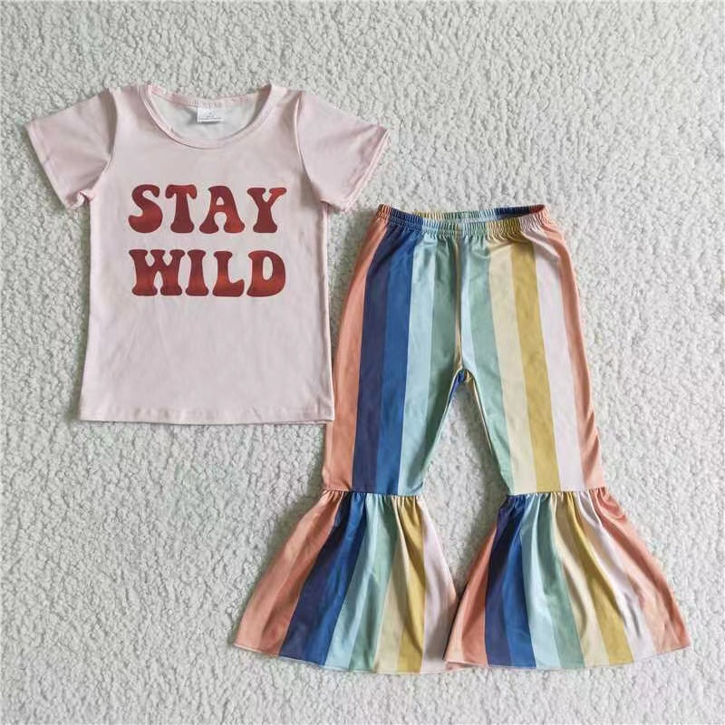 promotion C11-3 Stay Wild letters stripes pink short sleeve bell bottom girl outfit