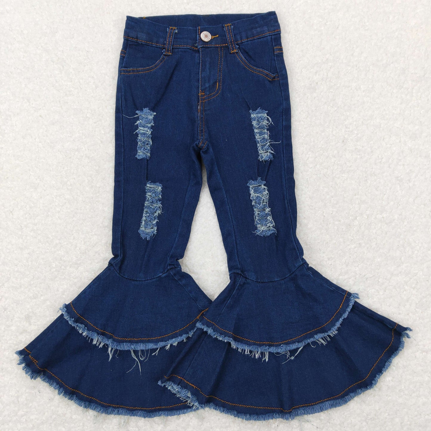 C12-9 Girls double ruffle blue tassels denim pant 202412 RTS