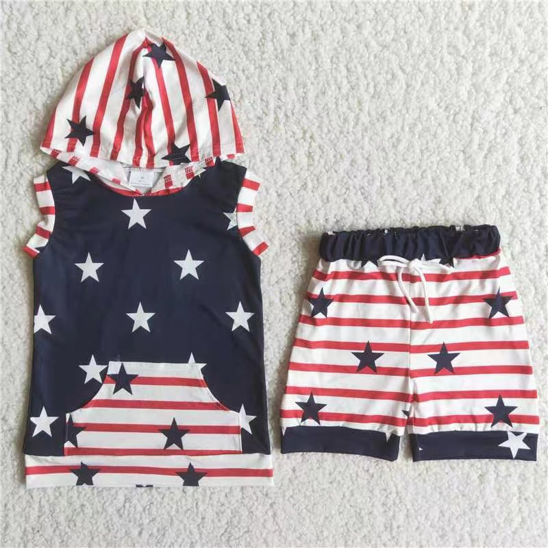 promotion C14-23 RTS 4th july red stripe star print hoodies shorts boy outfit 202405 RTS