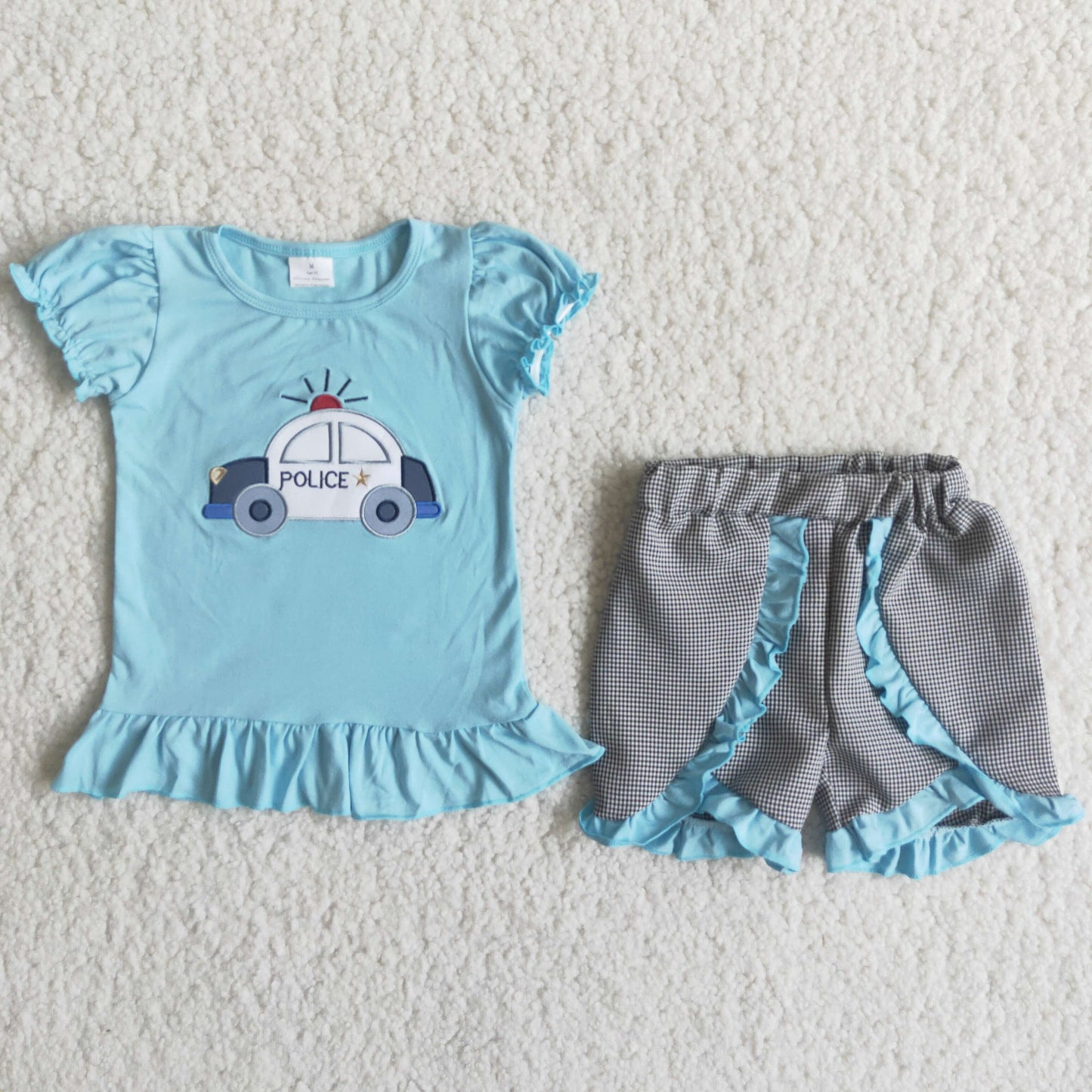 promotion C15-38 Police car embroidery short sleeve shorts girl summer outfit rts