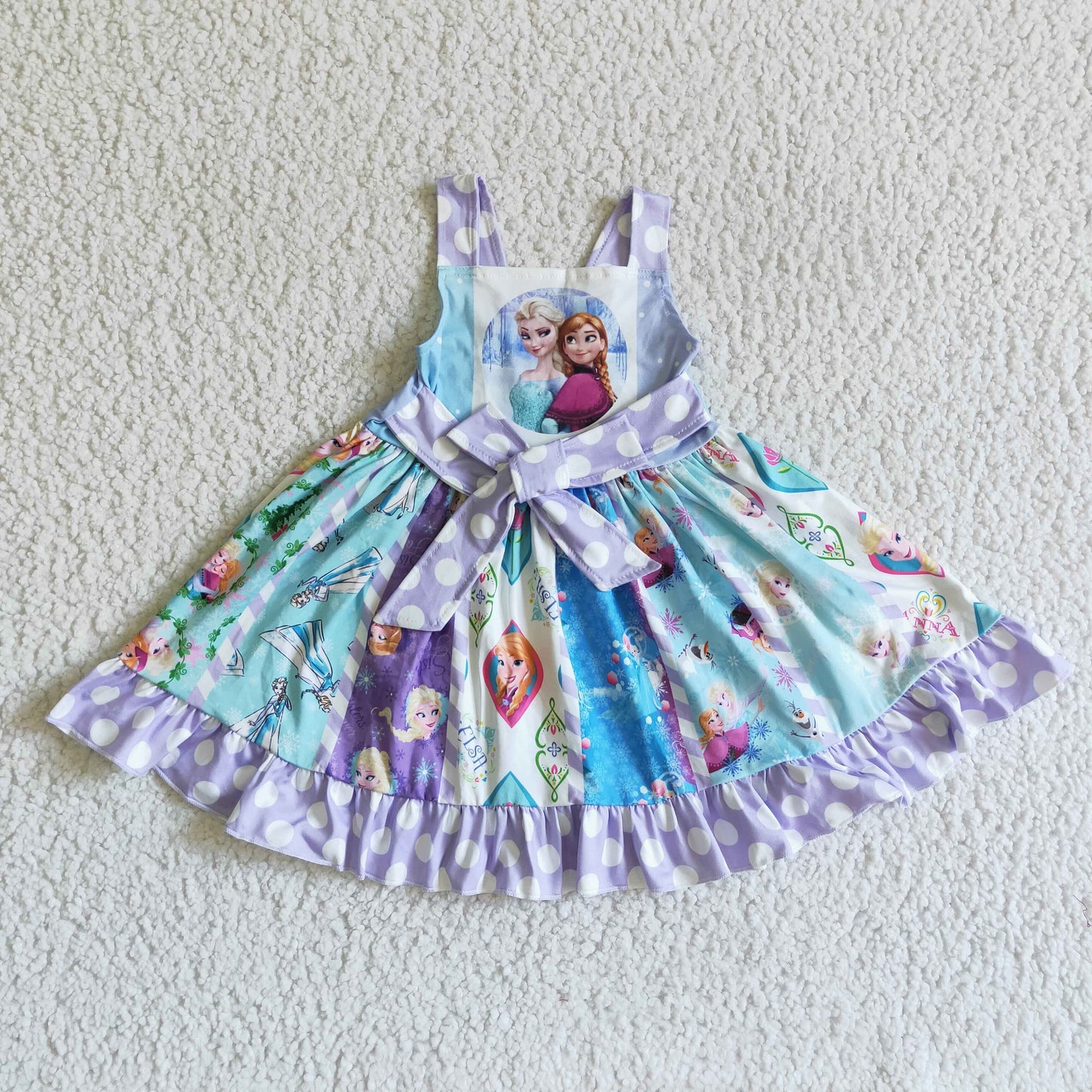 Promotion C3-16 blue ice princess cartoon patchwork belt sleeveless GIRL dress RTS 20230608