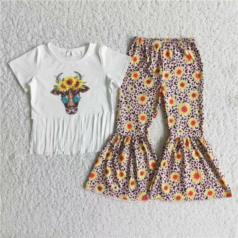 promotion C4-2 cow tassels flowers leopard print short sleeve bell bottom girl outfit RTS