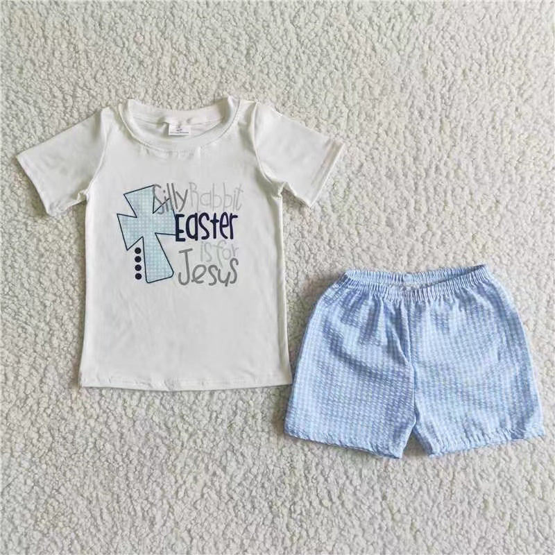 Promotion C4-3 RTS easter cross blue white plaid short sleeve shorts boy outfits 20230429 RTS