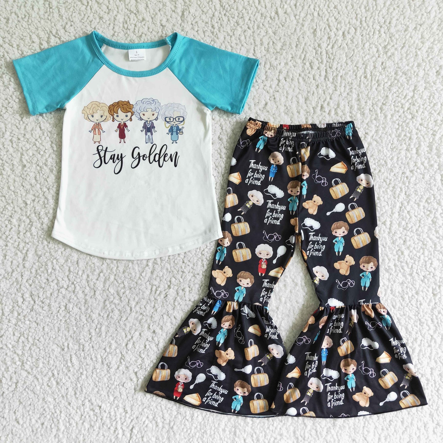promotion C6-23 blue raglan cartoon letters short sleeve bell bottom pant girl outfit 20230807 RTS