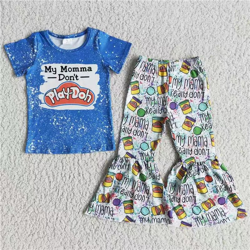 promotion D11-3 my mama don't play short sleeve bell bottom pant girl outfit RTS 20230520