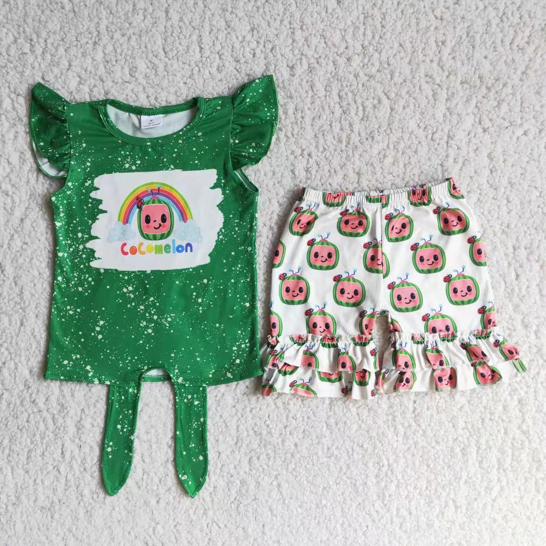 promotion RTS D12-4 cocomelon green flying sleeve top ruffles short pants set