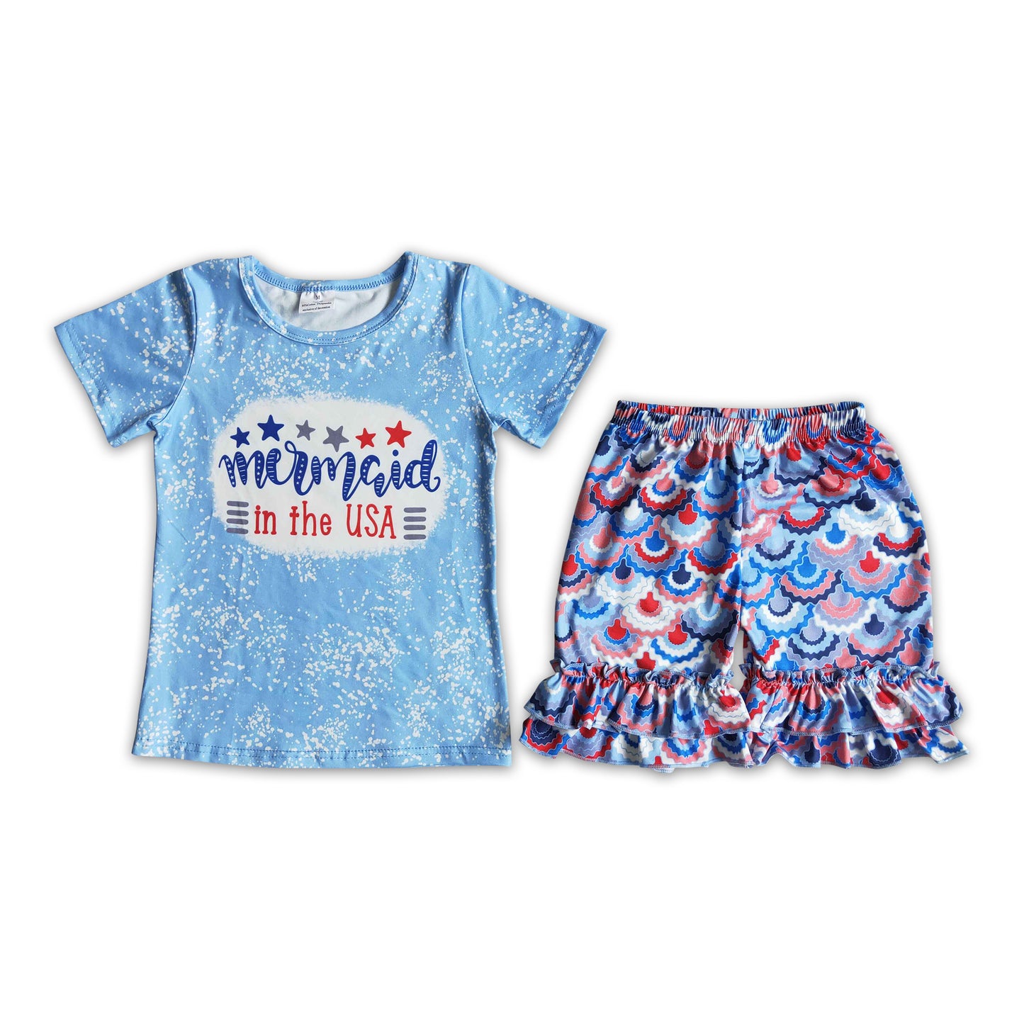 promotion RTS D13-19 4th july usa letter blue dot star top shorts girl outfits