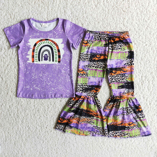 promotion RTS D2-14 purple boo halloween short sleeve bell bottom pants girl outfit 20230505 RTS