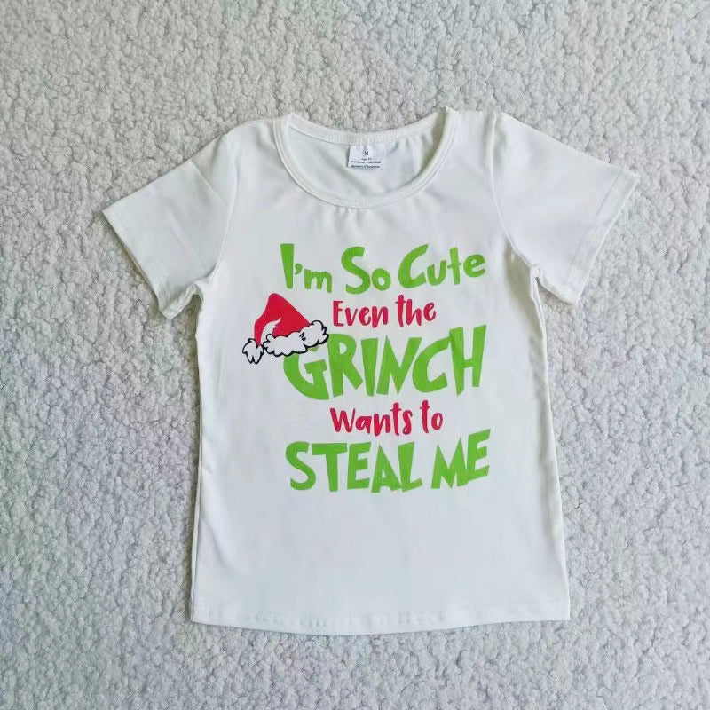 Christmas green cartoon white short sleeve girl top D4-1 RTS 20230527