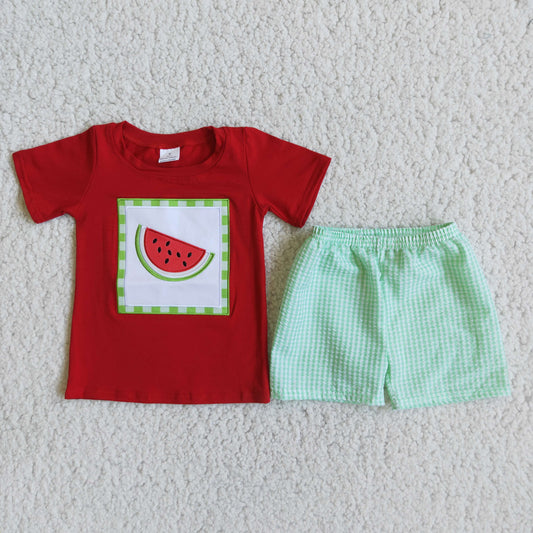 promotion price RTS D5-11 red watermelon shorts embroidery short sleeve green plaid shorts boys clothes outfit