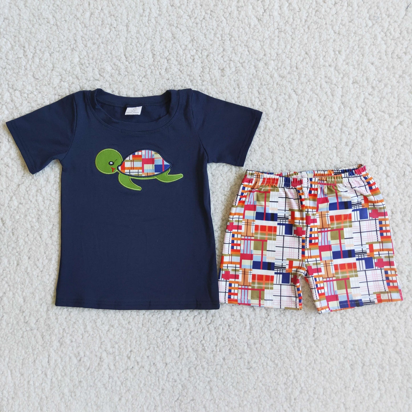 promotion RTS D5-12 turtle boy truck top pink plaid boy shorts outfit