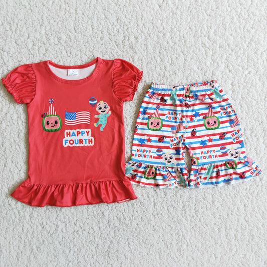 promotion RTS D8-13 4th July USA happy red coco flag star shorts girl outfit