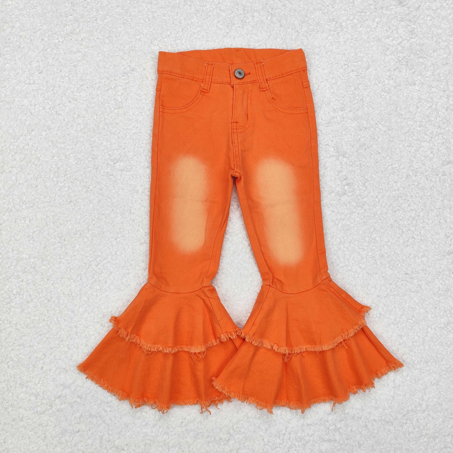 E1-11 orange bleached double ruffles button jeans denim pant RTS 202411