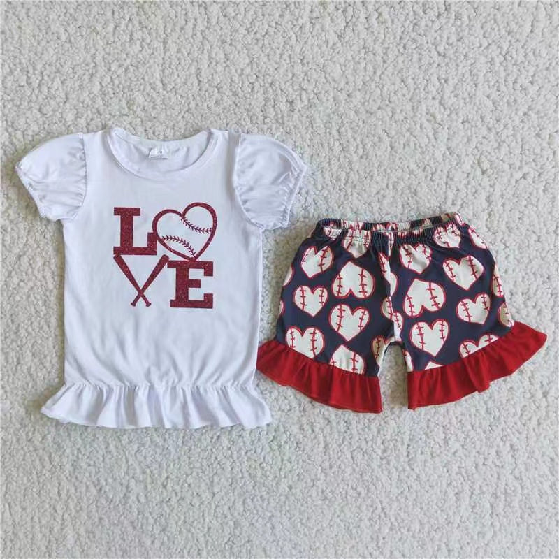 promotion price E3-1 RTS baseball ruffles short sleeve LOVE shorts girl outfits 20230426