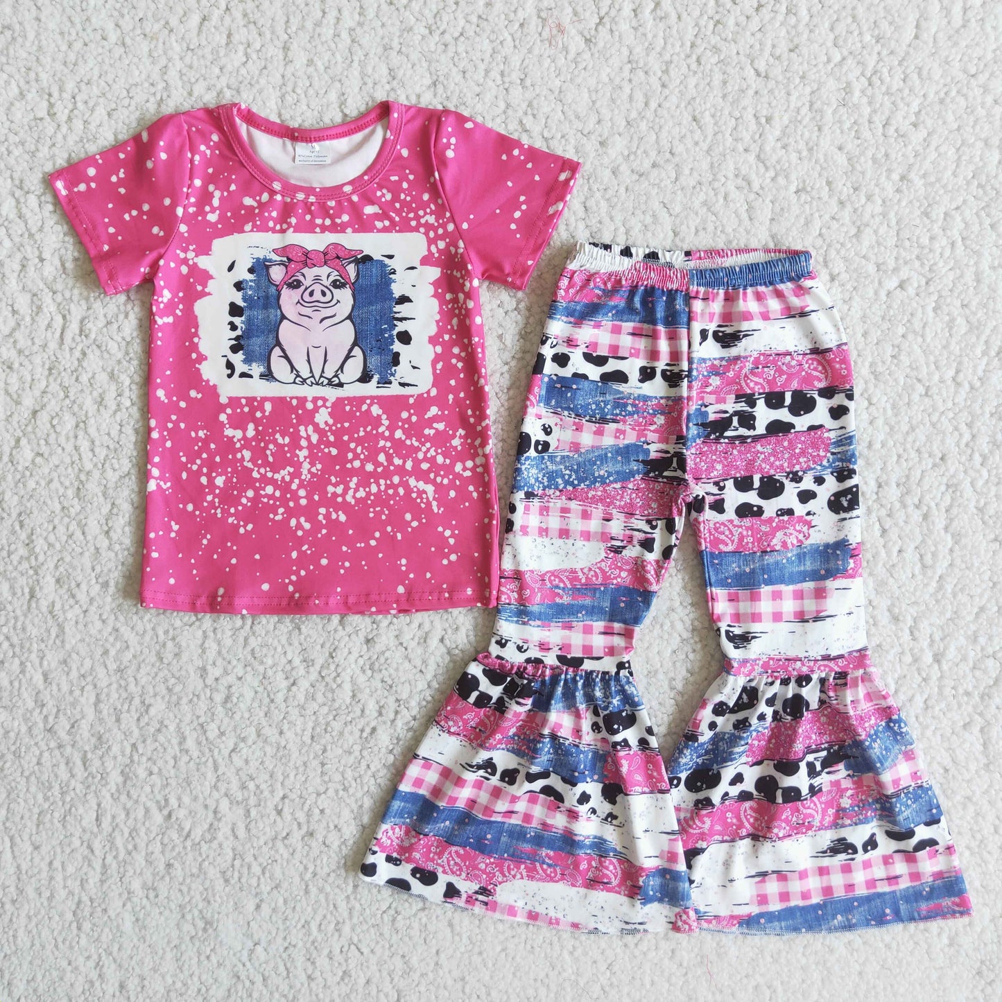 promotion RTS E3-29 short sleeve bell bottom pant girl outfit