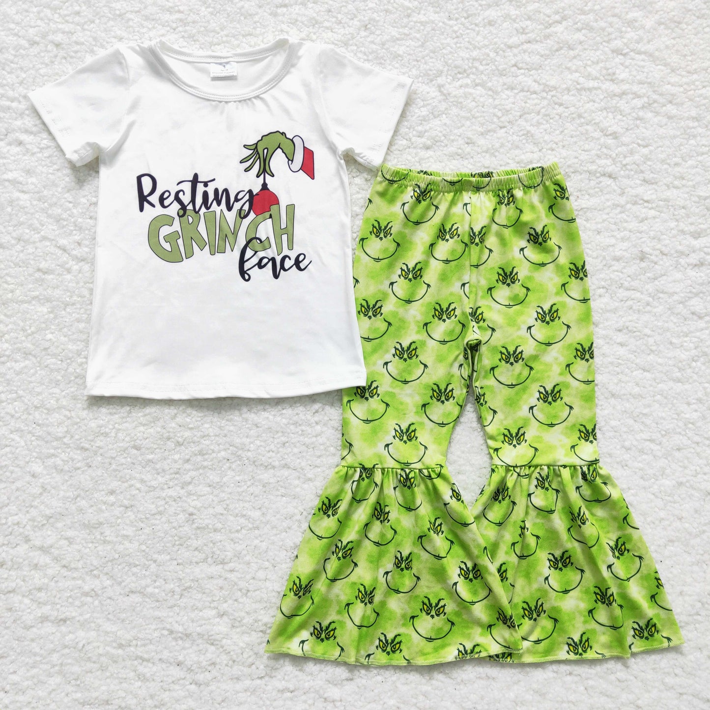 promotion E3-30 Christmas girl green cartoon smile letter short sleeve bell bottom pants outfits 20230612 RTS
