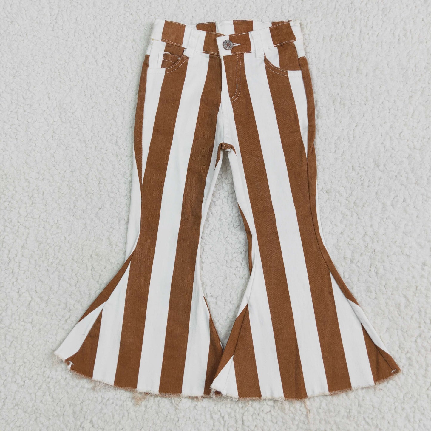 E5-24 white and brown stripe bell bottom girl jeans denim pants 202505 RTS